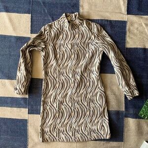 60s 70s mod wool mock neck a line mini dress graphic flame print XS S